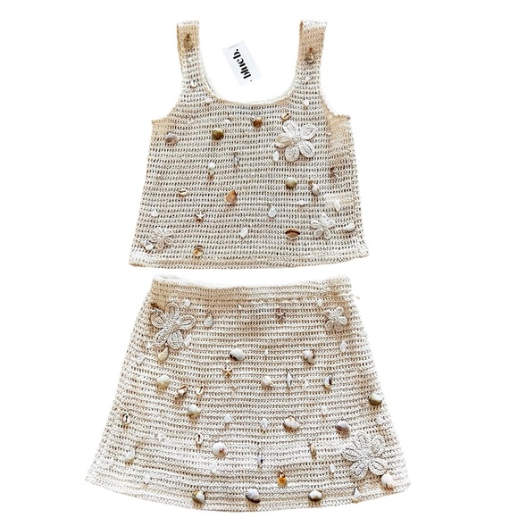 NEW blue b Cream Crochet Allover Shell Seashell Crystal Tank Top Mini Skirt Set - Picture 2 of 5